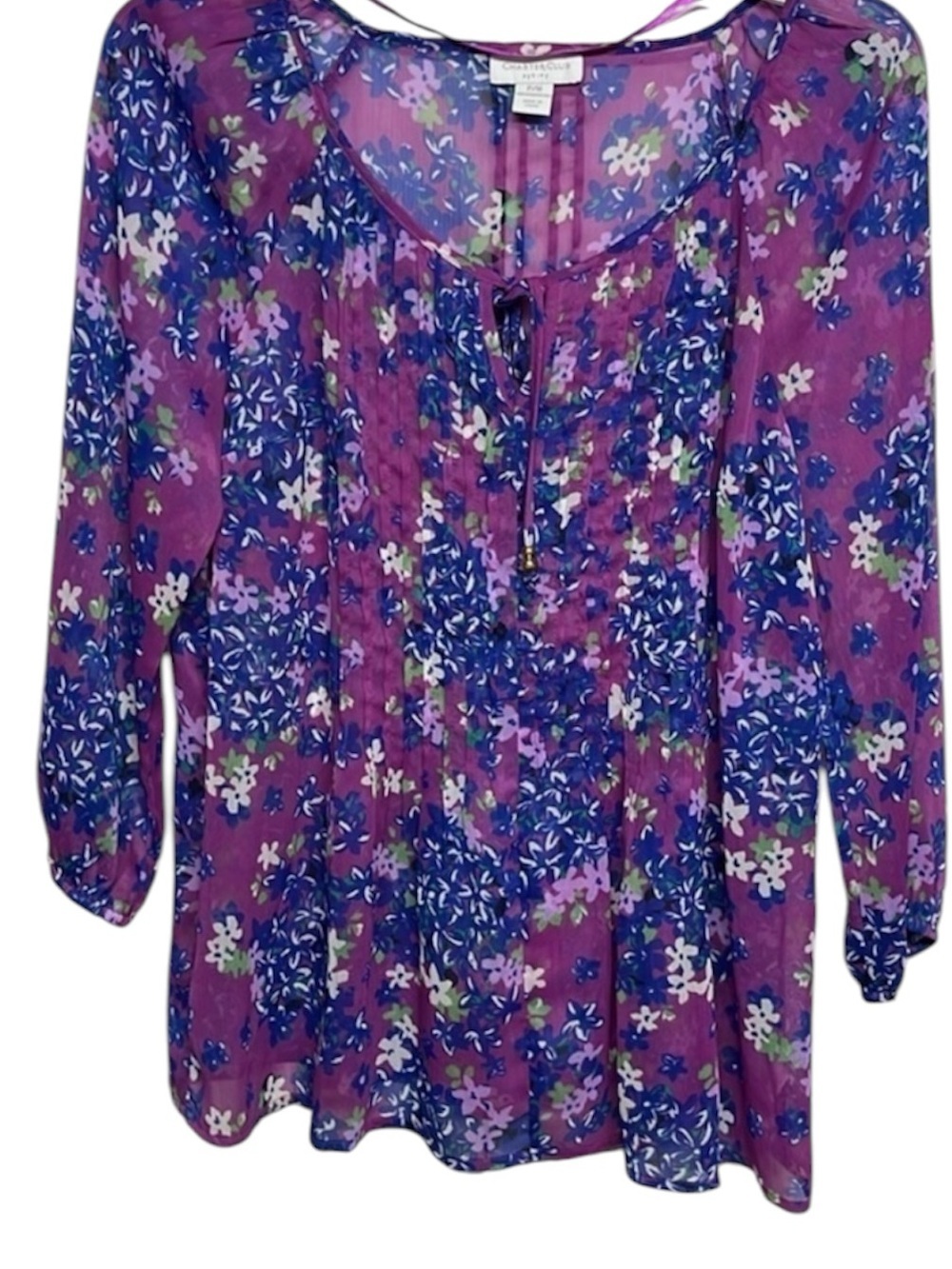 Charter Club Petite Purple Blue Floral Sheer Blouse Keyhole Neck Long Sleeve PM
